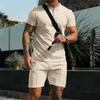 Men's short-sleeved shorts casual suit summer waffle Solid color casual loose lapel T-shirt set