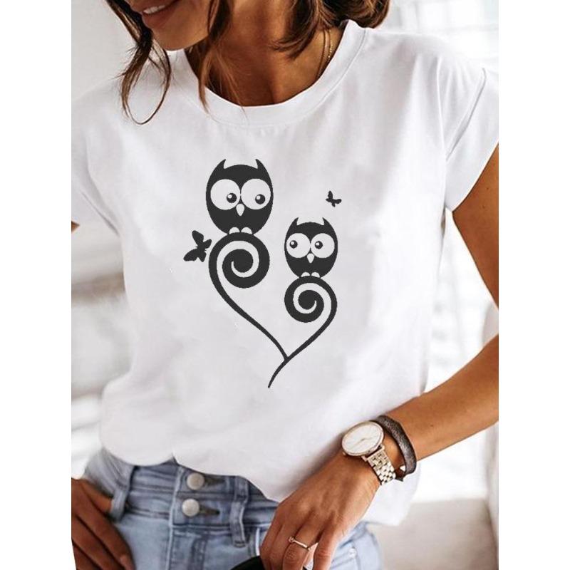 

Summer Round Neck Heart-shaped Love Flower Pattern Printed Top Fashionable Casual Pure Cotton Short Sleeved Women s T-shirt S