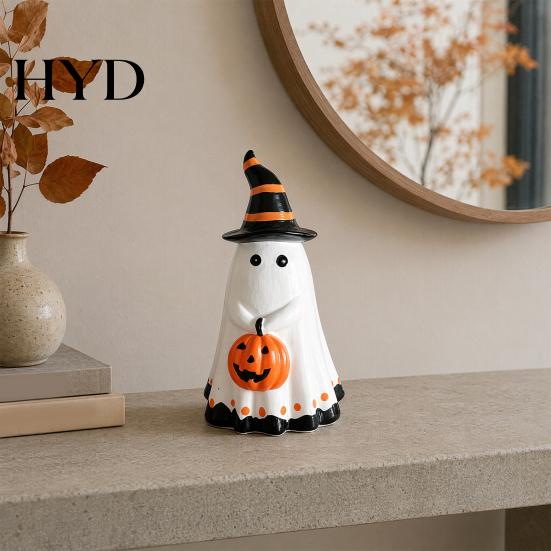 Handcrafted Ghost Ornament Halloween Figurine with Witch Hat, Cute Small Resin Decorative Holding Pumpkin Statue for Home Table Shelf Desk Decor