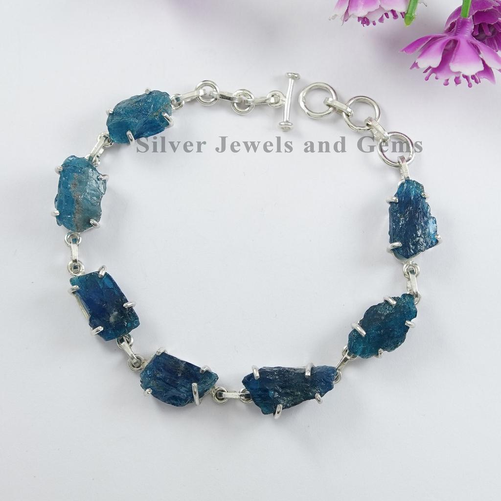 Natural Raw Apatite Bracelet, Rough Gemstone Bracelet, Handmade Bracelet for Girls, 925 Sterling Silver Bracelet, Wedding Bracelet