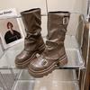 Vintage Maillard medium boots children's autumn new thick-soled heightening brown trousers short boots