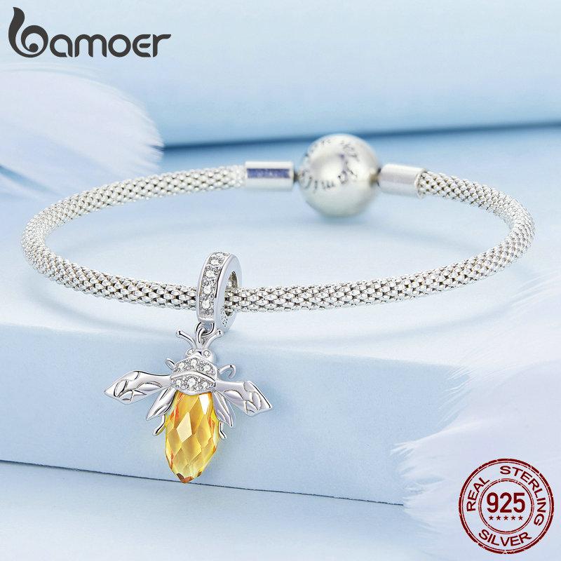 BAMOER 925 argint sterling galben albină agățată mărgele drăguță insectă pandantiv pentru femei colier brățară