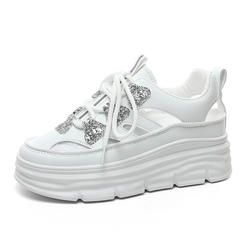 Fashion Designer Sequin Women's Hollow Casual Shoes Platform Flats Shoes Summer Breathable Increased Female Sneakers Sandalias De Mujer