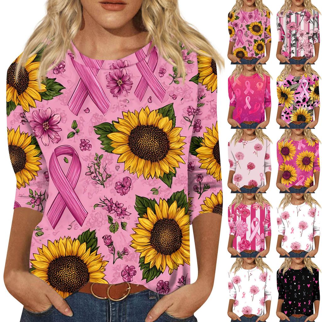 Women's Fashion Casual Seven Split Sleeve Printed Loose Round Neck Top