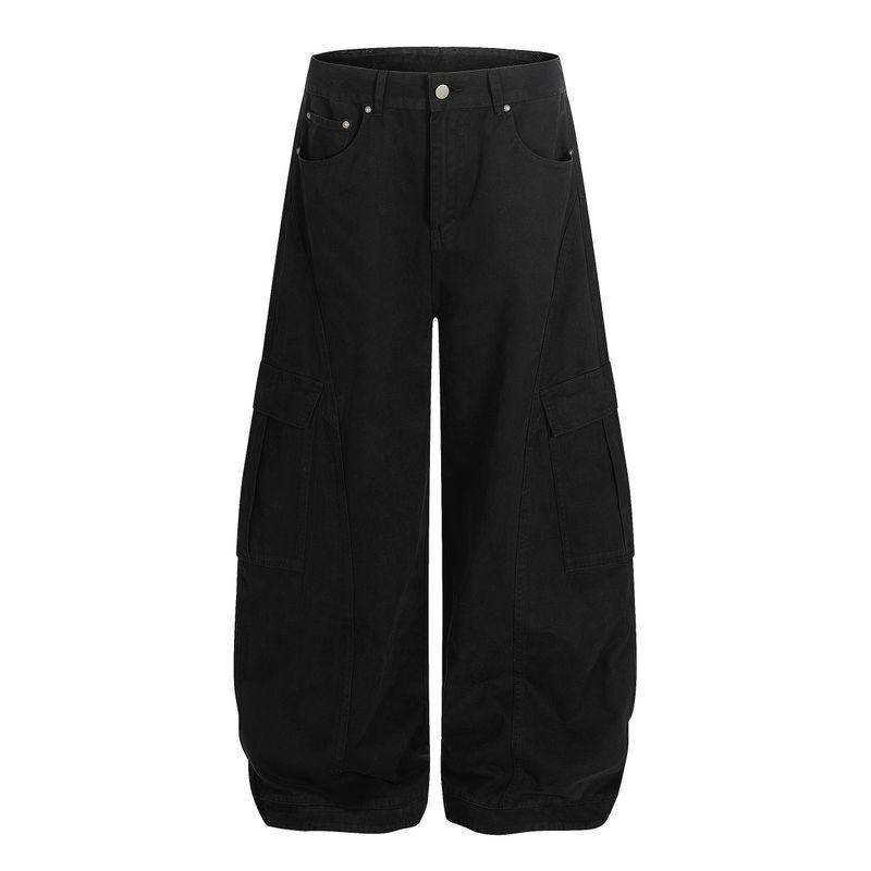 

Madwitch American-Style Deconstructed Multi-Pocket Utility Pants for Men and Women, Loose Wide-Leg Distressed Washed Casual Pants, Trendy Black 2XL