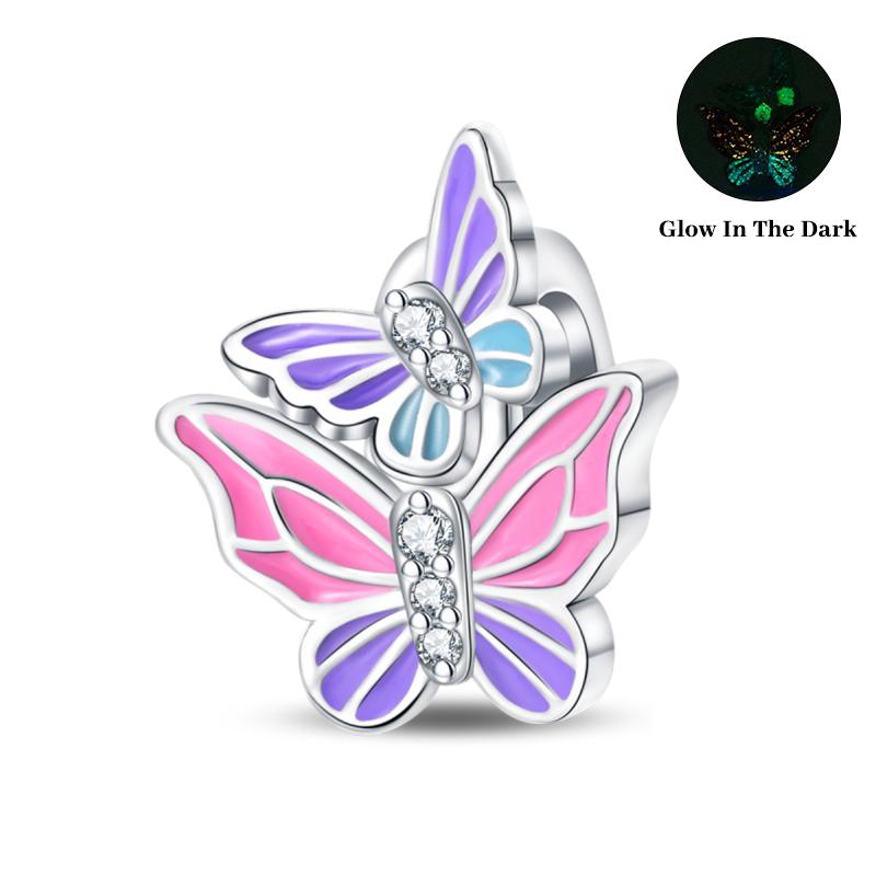 Spring Copper Pink Luminous Butterfly Flowers Charms Beads Fit 3Mm Original Bracelets Fine Diy Jewelry Birthday Gift