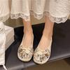 2025 Autumn New Round Head Shallow Mouth Flat Bottom Pearl Rhinestone Bow Single Shoes Flat Heel Soft Sole Ladyshoes