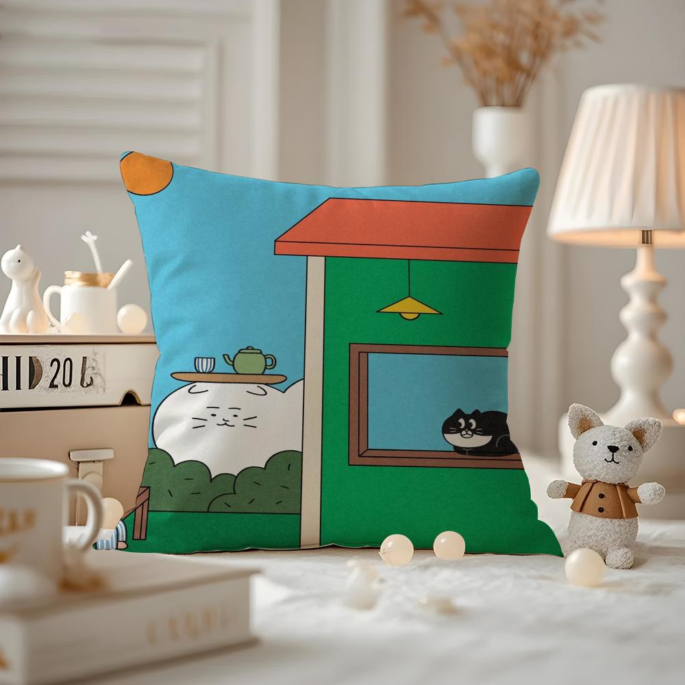 Cat Daily Life Illustrations Cushion Cover Pattern Printed Pillowcase For Living Room Sofa Cushion Cover & Bedroom Decor