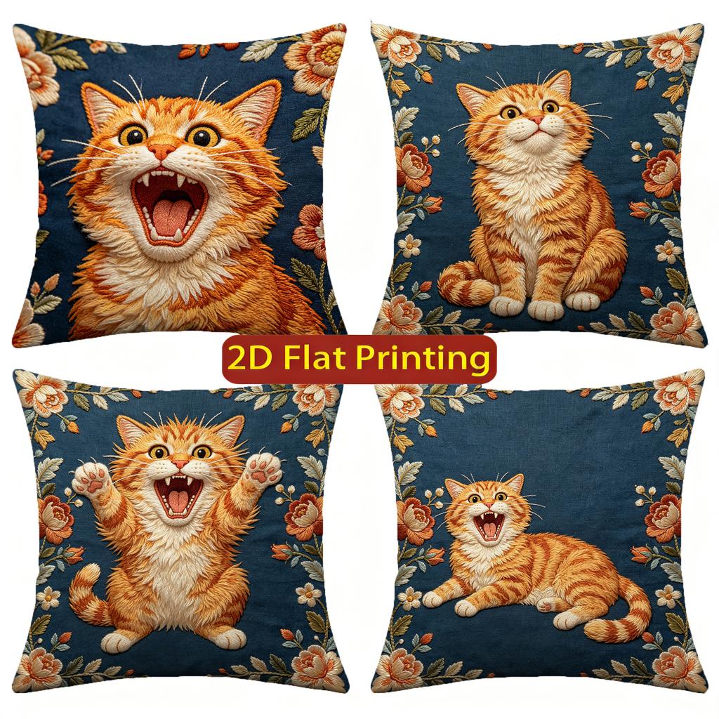 Vintage Floral Orange Cat Decorative Throw Pillow Covers Pattern Cushion Cover Suitable for Sofa Bedroom Car Pillow Cover