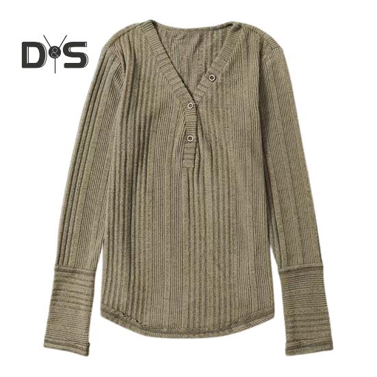 

Женские осенние топы с длинным рукавом и V-образным вырезом, трикотажные топы, однотонные, в рубчик, повседневная трикотажная рубашка, повседневная одежда XL армия зеленый