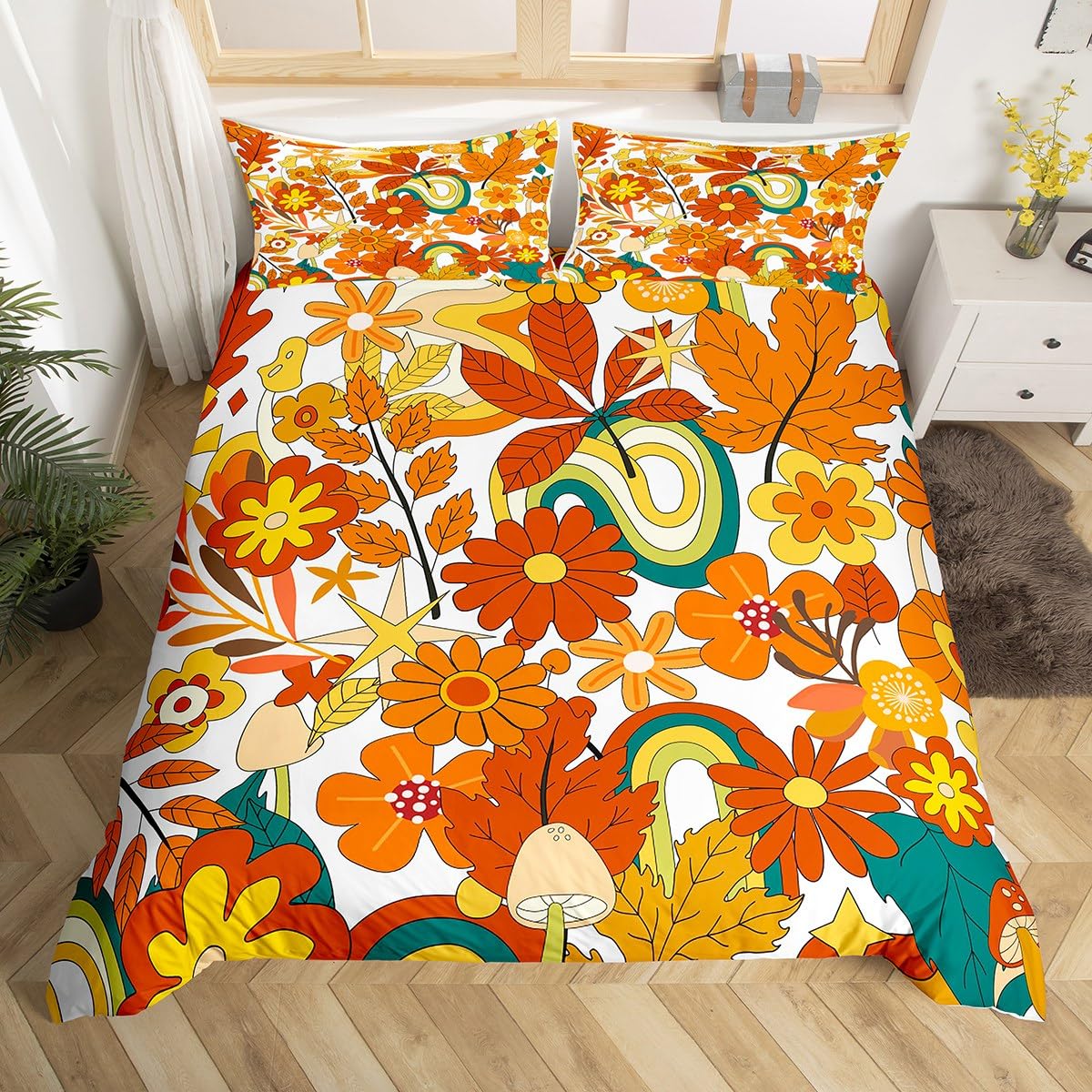 

Groovy Comforter Cover Queen Retro Hippie Flower Bedding Set Aesthetic Psychedelic Floral Duvet Cover Boho Botanical Quilt Cover 150*200cm 3pcs