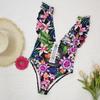 Women Monokini High Waist Backless Colorful Flower Print Deep V Neck Lady Swimsuit Beachwear