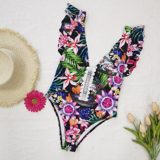 

Женский купальник Monokini High Plus Size Талия без спины Красочный цветочный принт Глубокий V-образный вырез Женский купальник