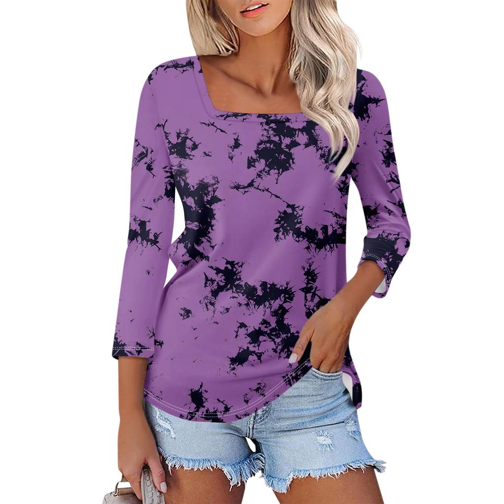 Women's 3/4 Sleeve Square Neck Floral Shirt Casual Loose Tunic Top