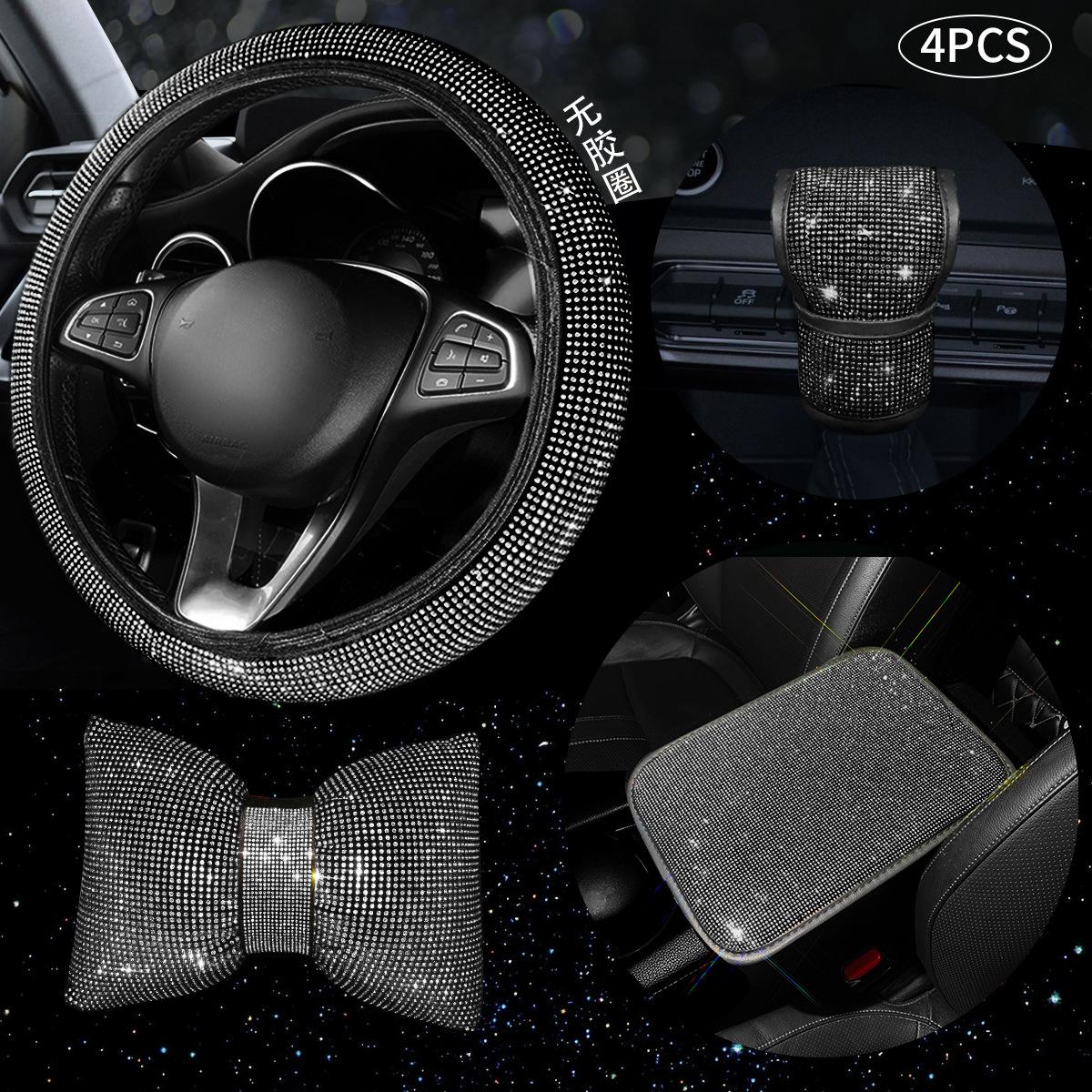 

4 шт., чехол на руль автомобиля с бриллиантовым кристаллом, чехол на рычаг переключения передач, подлокотник, подушка, декор для подголовника, набор автомобильных аксессуаров для женщин чёрный