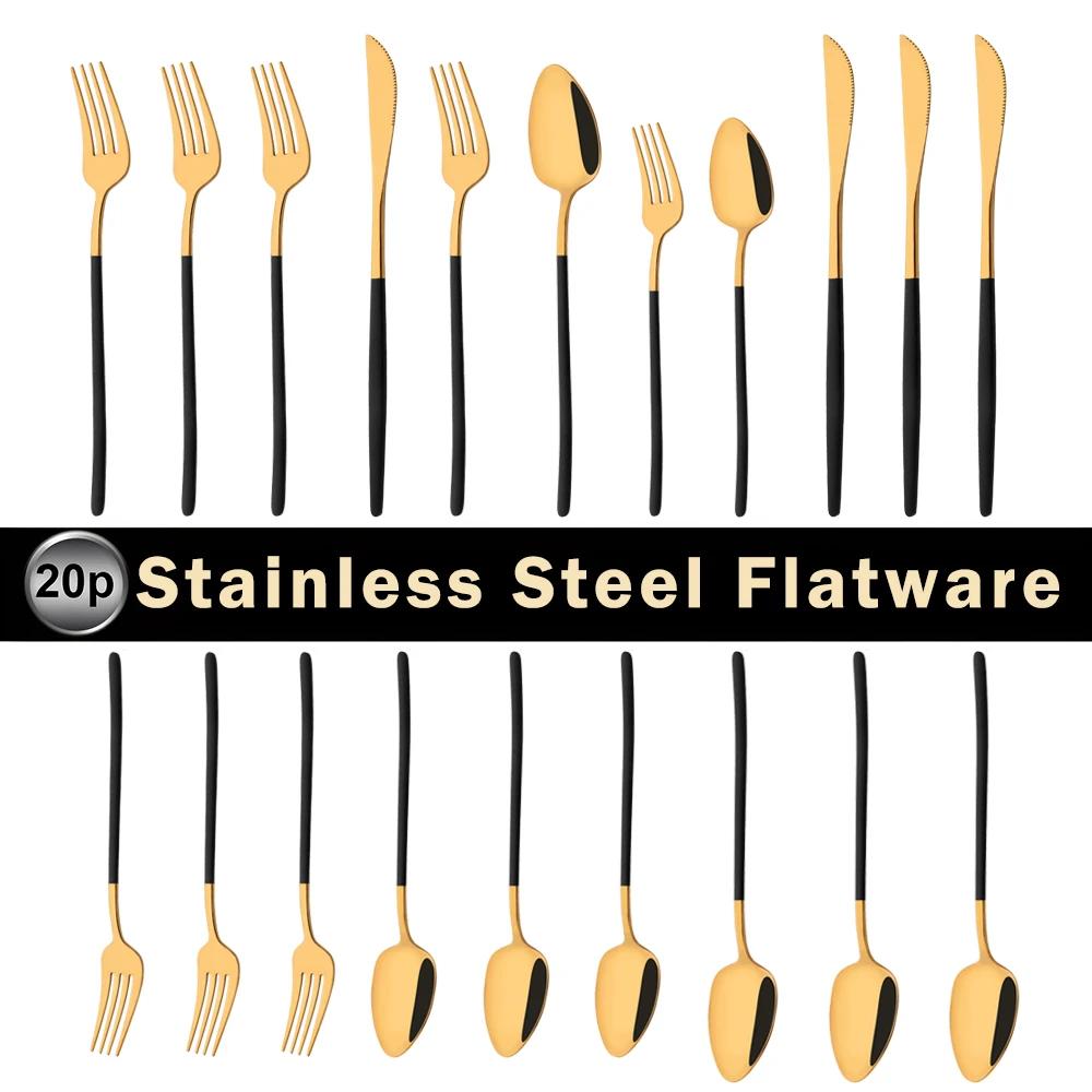 20Pcs Mirror Pink Gold Flatware Cutlery Set Sainless Steel Home Dinnerware Party Fork Spoon Knife Kitchen Dinner Tableware Set