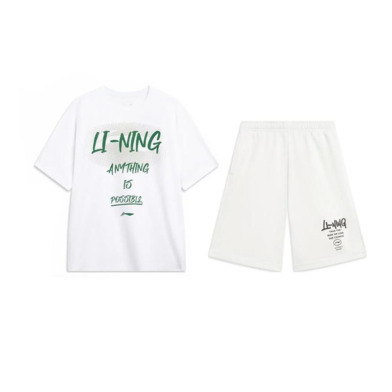 Li Ning Big Logo Letter Print American Retro Fashion Round Neck Pullover Short Sleeve T-Shirt Casual Sports Set Unisex Tops White AHSU803-1+AKST593-7