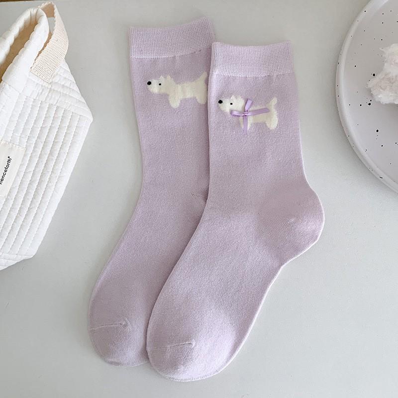 Bow Socks Medium Tube Socks Spring And Autumn Thin Pure Cotton Sweet Cute Cartoon Puppy Pile Socks Women