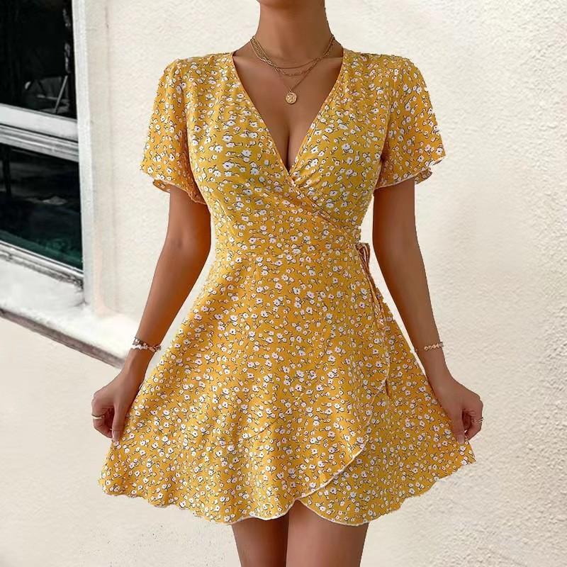 Women's New Summer Sexy Floral Lace-up Short Sleeve V-neck Dress