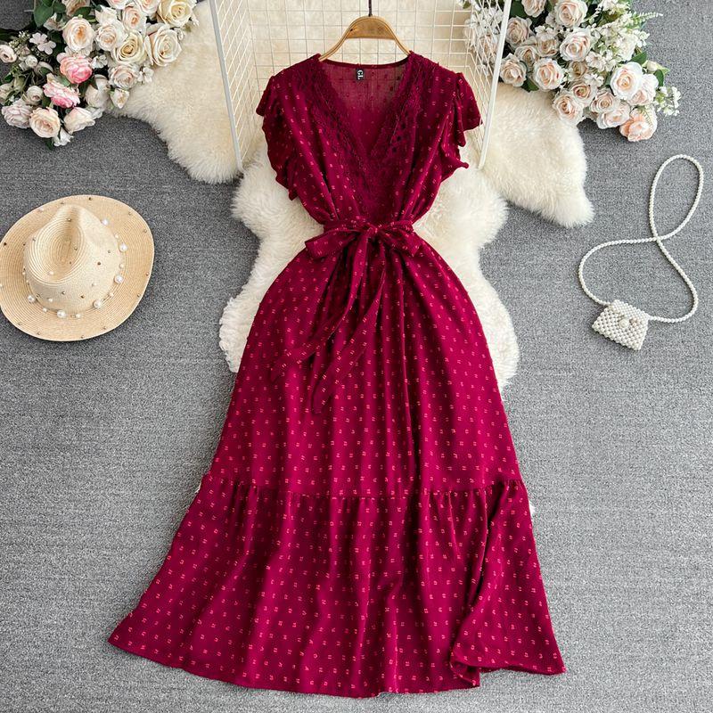 

Feminine V-neck Lace-up A- line Elegance Chiffon Dress Burgundy One size