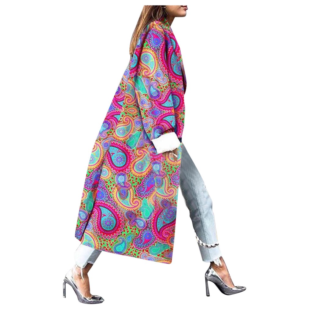 Fashionable Women's Printed Pocket Double Breasted Coat Cardigan Coat