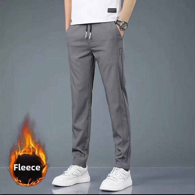 Black Label Plus Men's Slim Fit Tall Straight Fleece Pants - Autumn/Winter Korean Casual Trousers