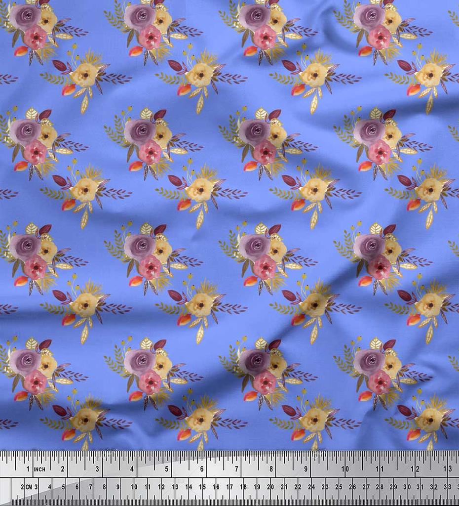 Soimoi Blue Japan Crepe Satin Fabric Leaves & Ranunculus Floral Print Fabric by Metre 42 Inch