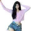 t-Shirt Summer Korean Version Of The Solid Color v-Neck Short Female Tshirt Slim Wild Knit Long-Sleeved Sun Crop Top