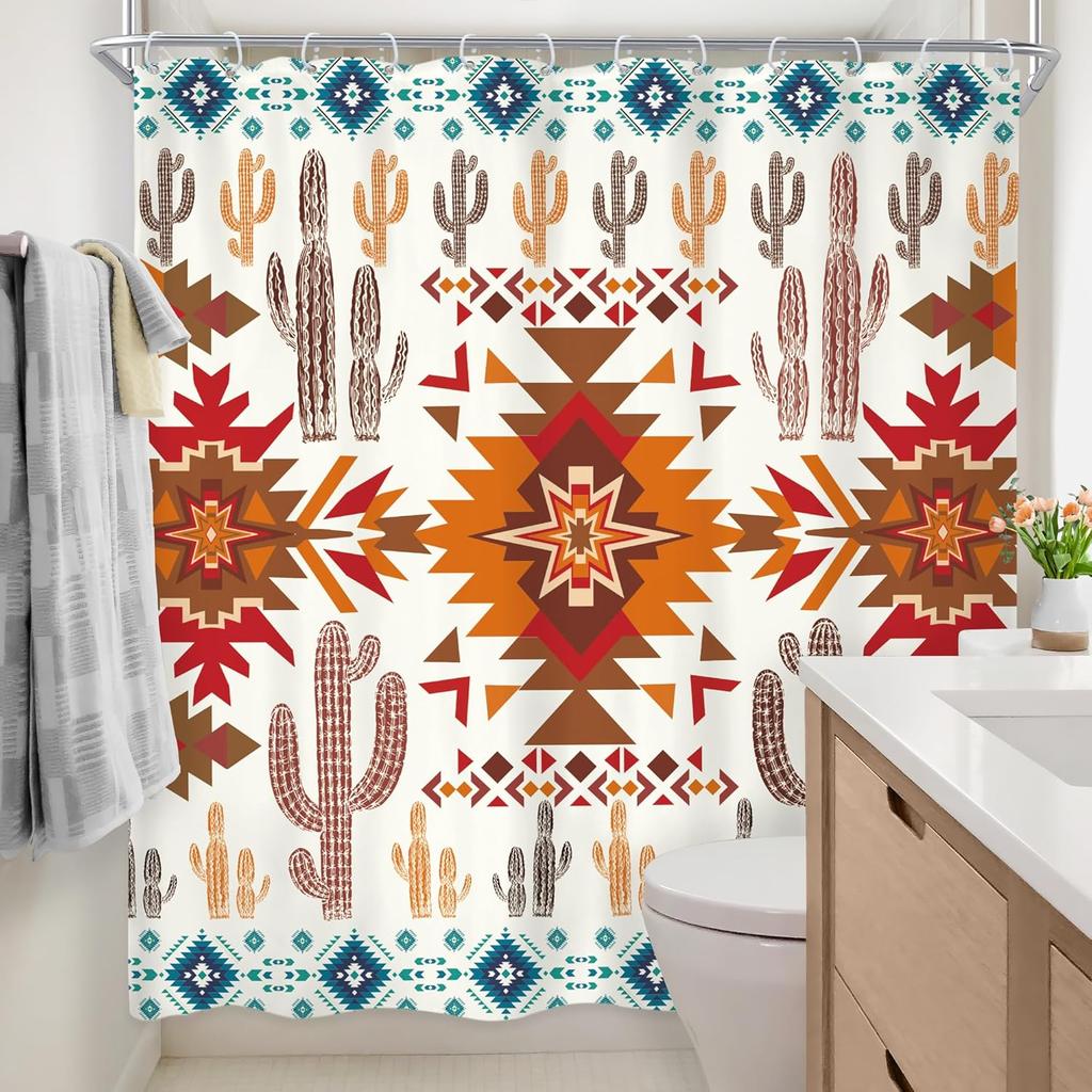 Orange Brown Western Aztec Cactus Shower Curtain Southwestern Boho Tribal Geometric Ethnic Bathroom Native American Waterproof