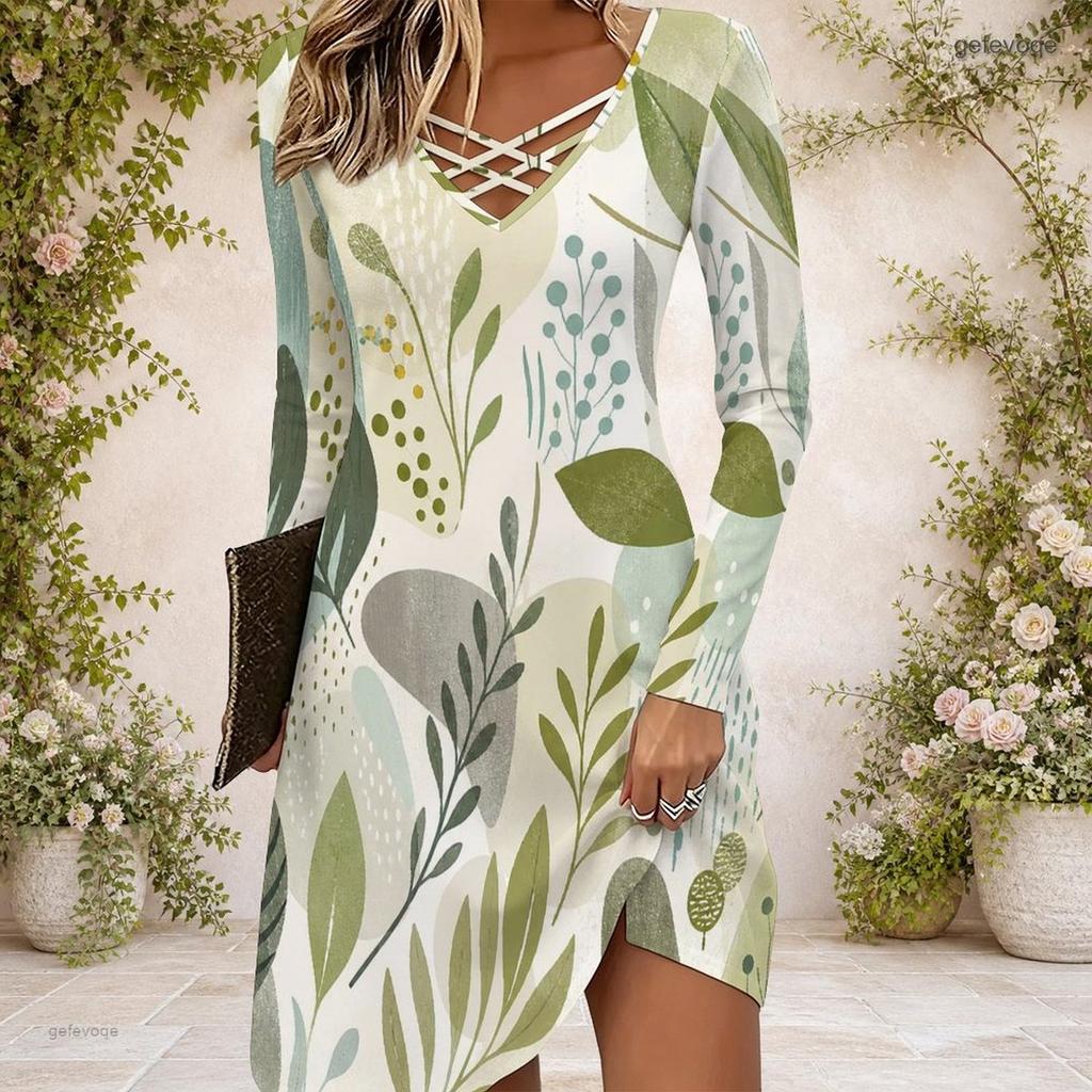 Women Criss Cross V Neck Long Sleeve Tropical Leaf Printed Fitted Curved Hem Dress