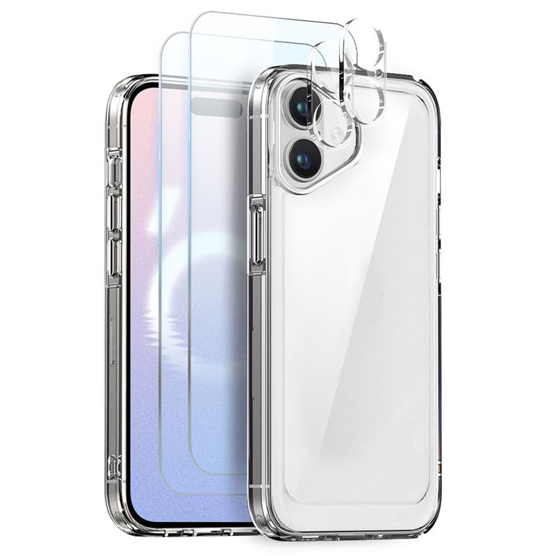 NORTHJO 5 In 1 For iPhone 16 Case PC+TPU Clear Phone Cover with 2 Screen Protector, 2 Camera Lens Film