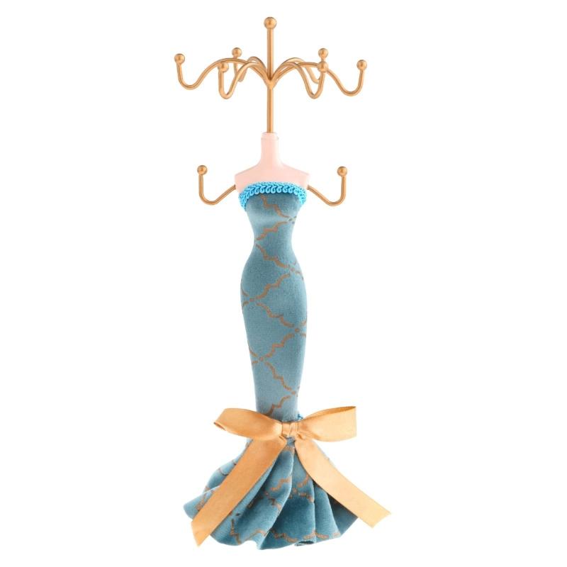 Elegant Jewelry Stand For Women Blue Mannequin Princess Dress Necklace Earring Stand Holder With Gold Accent