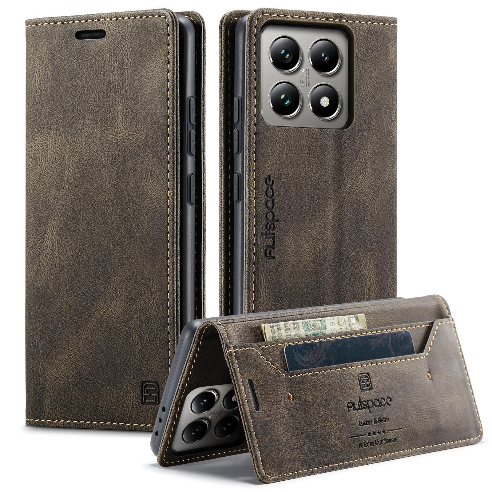 

For Xiaomi 14T Wallet Case AUTSPACE A01 Leather Stand Cover with RFID Blocking Card Holder Coffee