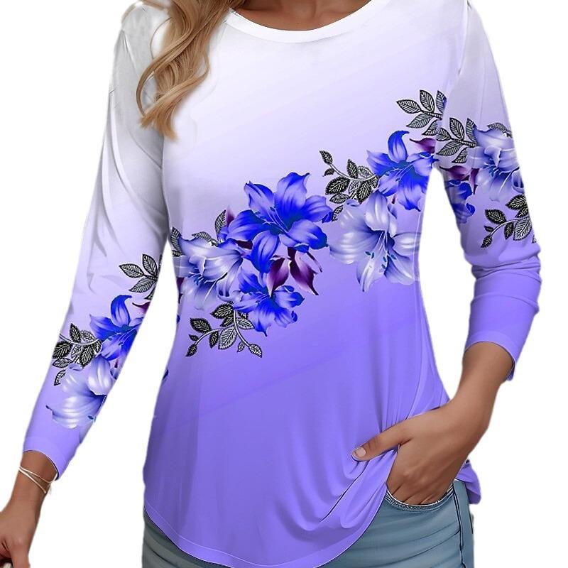 Tricou Femei Floral Imprimare 3D Mânecă Lungă Tricouri de Bază Zilnice Gât Rotund Topuri Casual