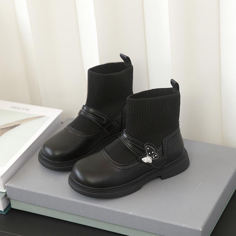 Girls Knitted Boots 2025 Autumn Children's Socks Splicing Small Leather Shoes Catwalk Short Boots Princess Socks Boots Tide