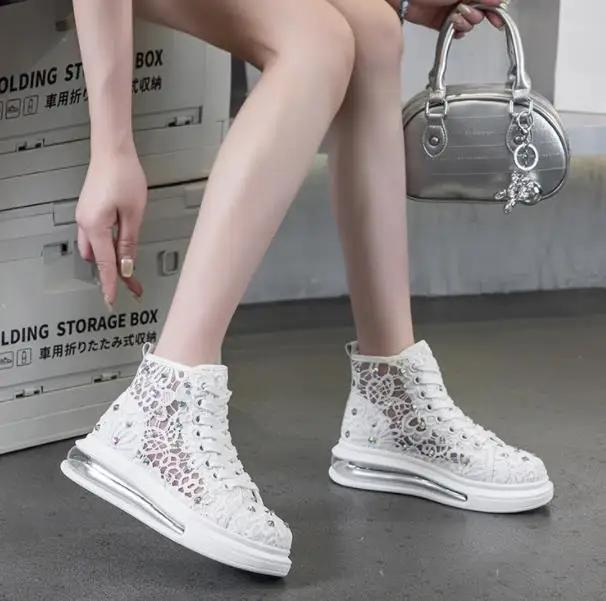 Moda 4.5CM Zapatos de Malla de Aire de Verano para Mujer Zapatos Mules Encaje de Diamantes Bling Plataforma Cuña Plataforma Cuña de Microfibra Sandalias de Deslizamiento Huecas