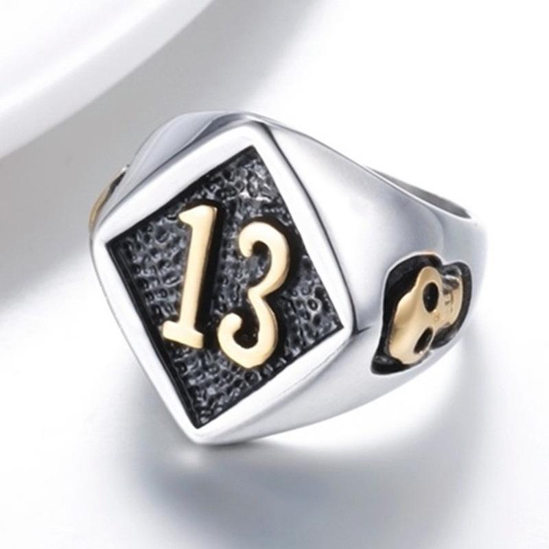 Punk Style Non-mainstream Super Cool Cast Skull Boys Ring Gold Number 13