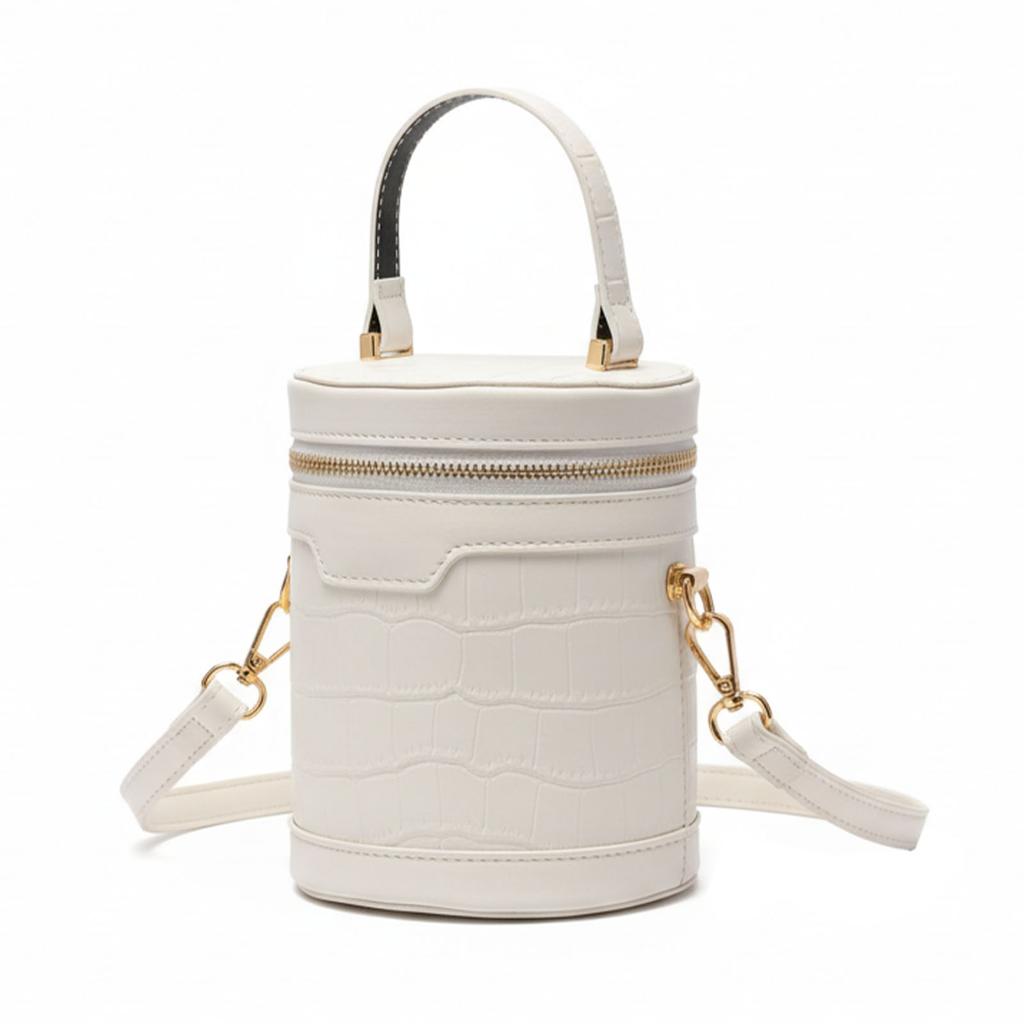 Modische Zylinder Handtasche Tote Damen PU Leder Verstellbar Elegant Umhängetasche für Tägliche Arbeit Weiß