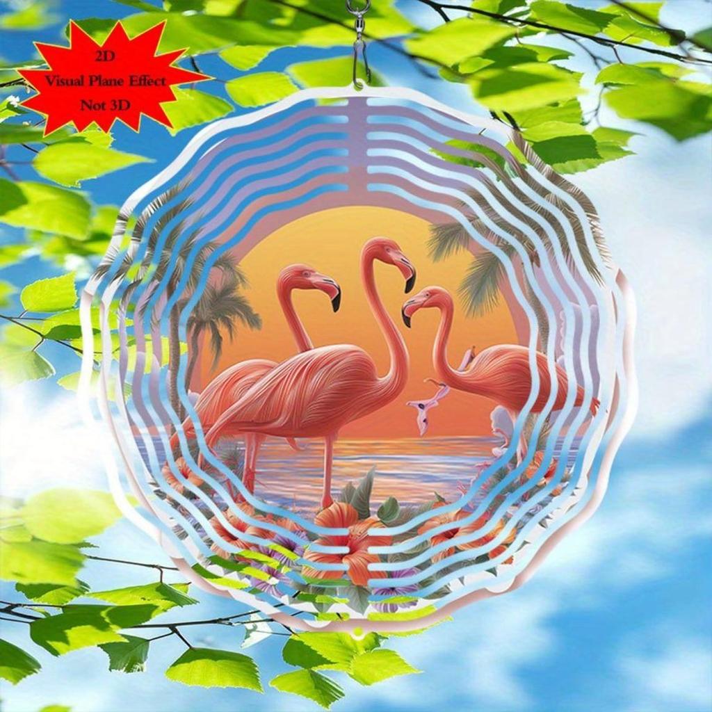 Carrilhão de Vento Flamingo com Gancho Giratório Design Pôr do Sol Decoração de Arte em Metal para Interior Exterior Jardim Pátio Presente de Feriado Todas as Estações