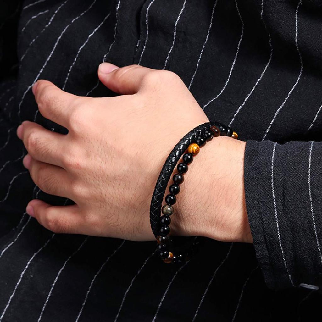 Chrome Crane Men's Bracelet with Natural Stones and Leather, Stylish Jewelry Accessory, WB117 (03.Gray)