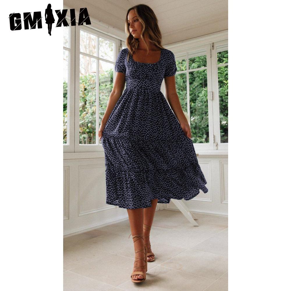 GMXIA Summer Love Polka Dot Dress Women Casual A-Line Short Sleeve Square Collar Ruffle Midi Dress Chiffon Red Black Blue Green