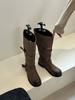 Retro design round head thick-soled boots female knight boots belt buckle high boots