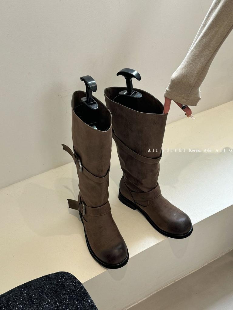 Retro design round head thick-soled boots female knight boots belt buckle high boots