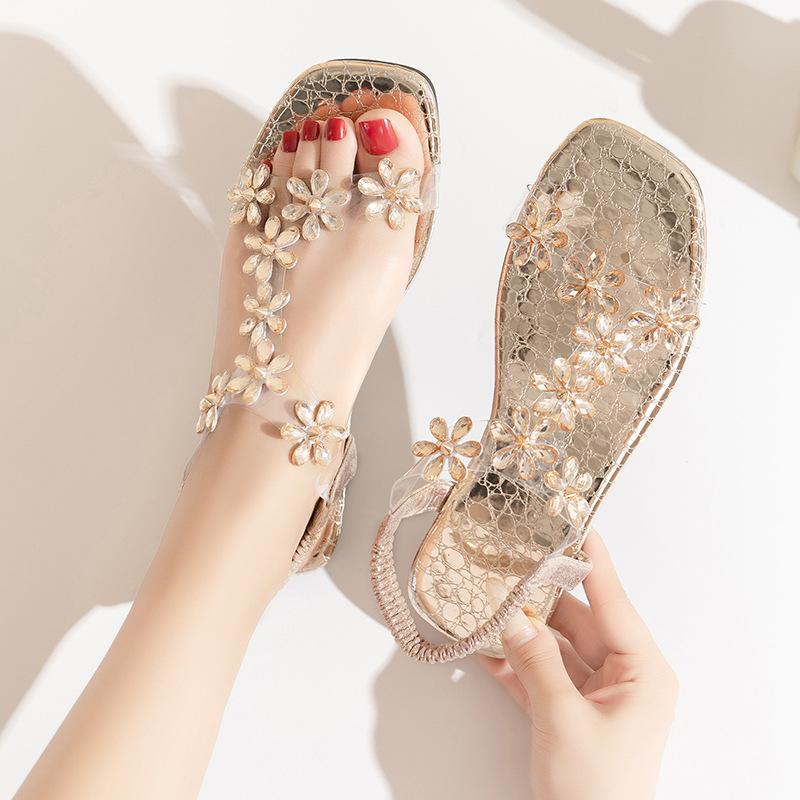 

Сандалии на плоской подошве с квадратным носком, летние сандалии с цветочным принтом и плоским каблуком, прозрачные повседневные сандалии с мягкой подошвой 40 золотой