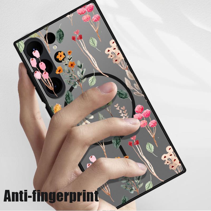 Floral Print Matte Clear Phone Case For Samsung S25 Ultra S24 FE S23 Plus S22 S21 Wireless Charge Magnetic Hard PC Shockproof Soft Edge Bumper Cover