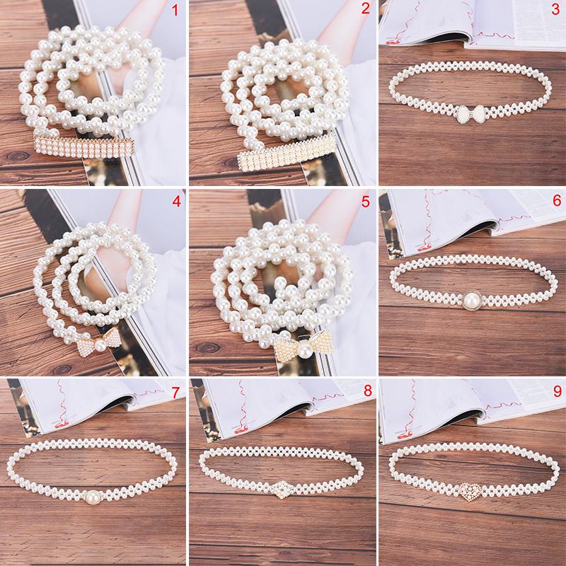 Women Ladies Pearls Beads Chain Belt Stretchy Flower Buckle Waistband
