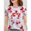 Women's Tee - Red & Pink Floral Pattern Graphic, Elegant Watercolor Garden Design for Casual Daily Wear