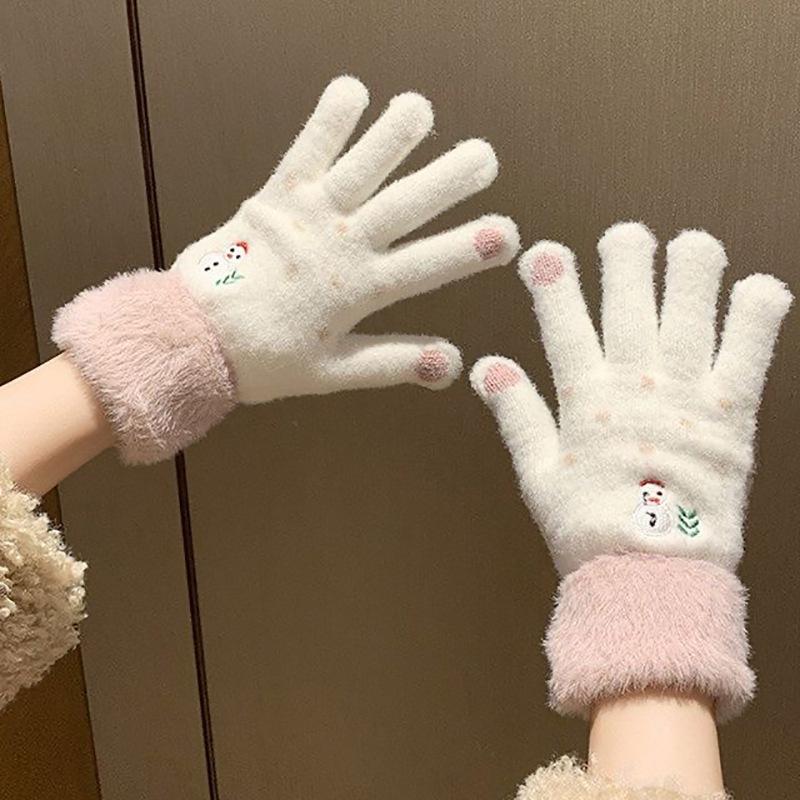 Plush Cartoon Snowman Touchscreen Gloves for Girls - Winter Warm Five-Finger Style