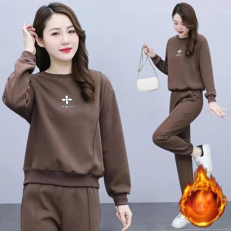 Thick Velvet Fashion Casual Sportswear Suit Women's Autumn and Winter Loose Sweatshirt and Sweatpants Slimming Two-piece Set