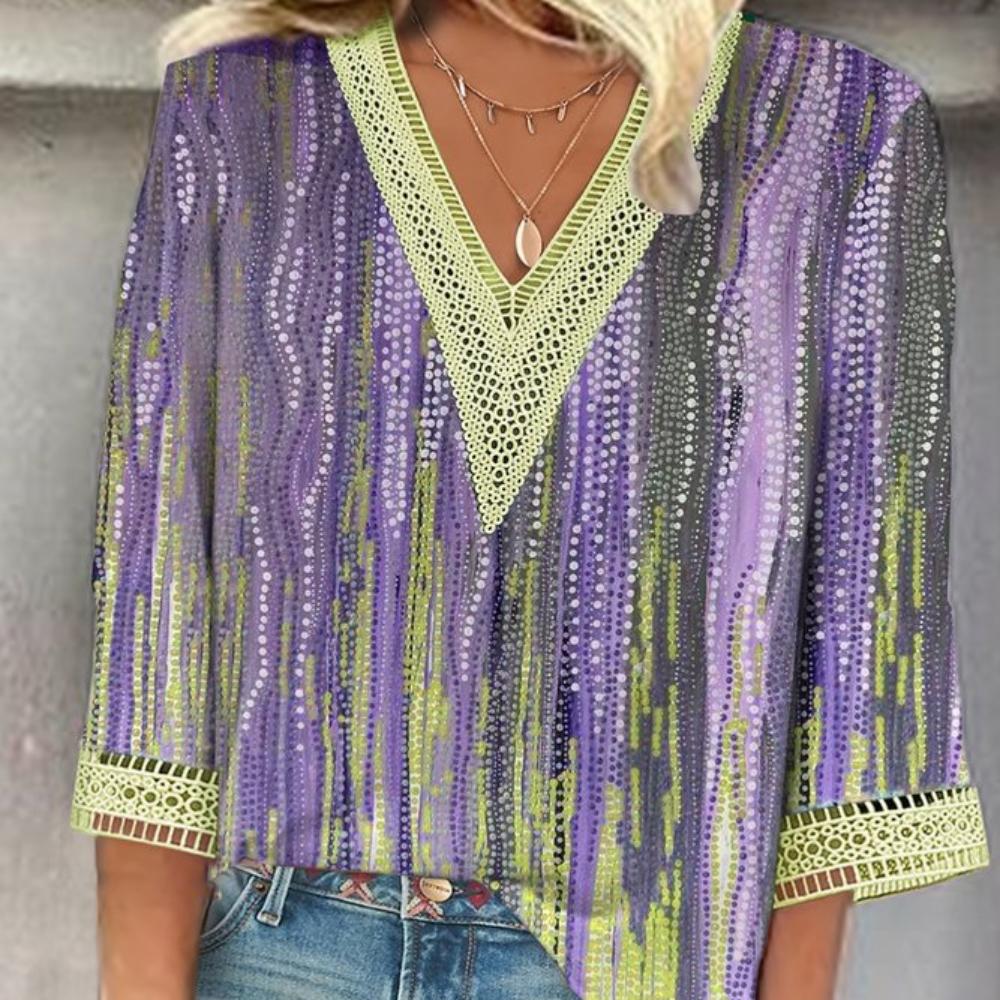 

Женские летние топы 2023, сексуальная блузка с рукавом 3/4 с цветочным принтом, повседневная свободная туника, футболки, винтажные футболки с рисунком XXL фиолетовый